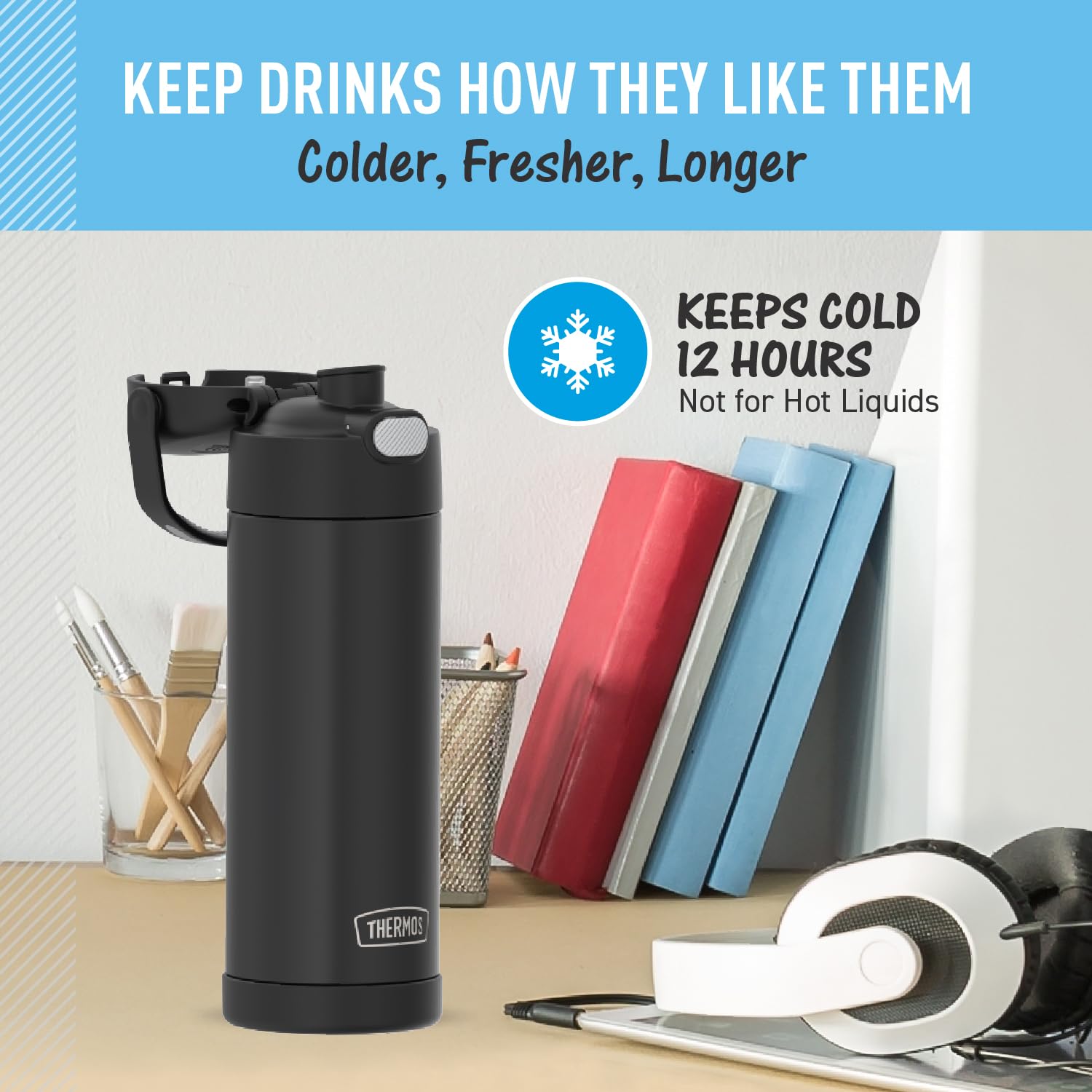 Thermos Funtainer 16 Ounce Stainless Steel Vacuum Insulated Bottle With Wide Spout Lid, Black Matte